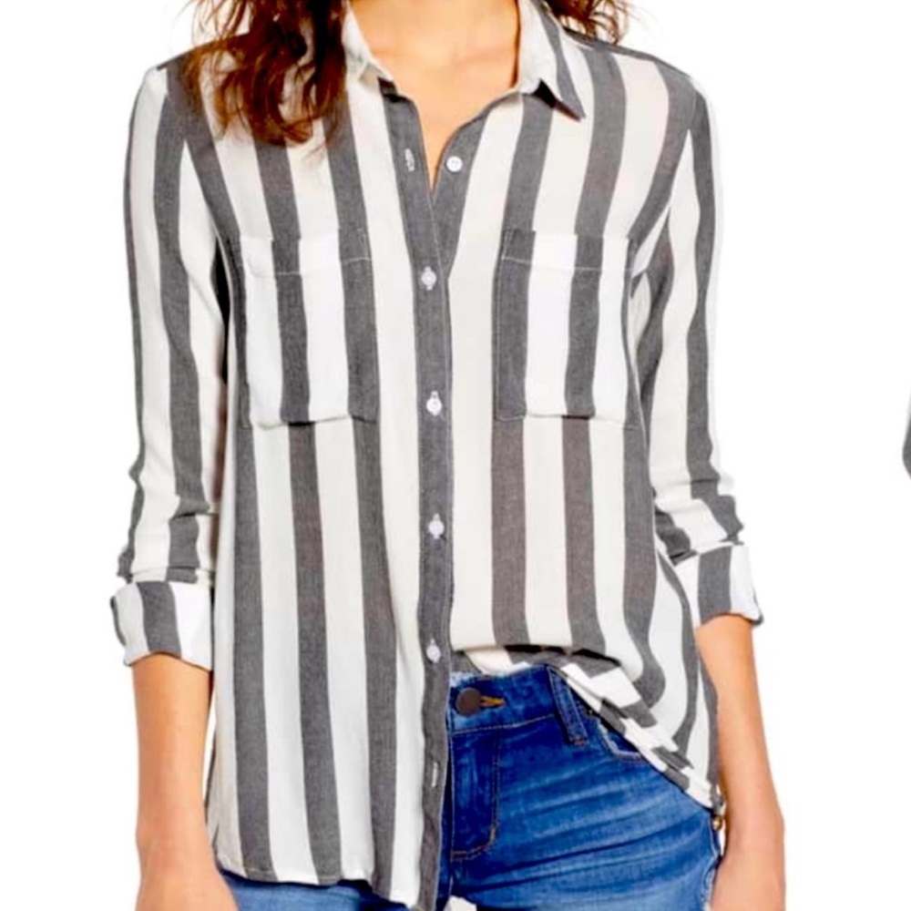 BP Women’s Blouse 4X Button Black and‎ White Striped Button Down Viscose NWT